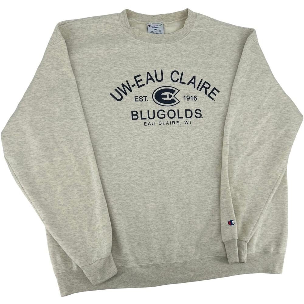 Men's Cream Grey Heather Champion UW Eau Claire Blugolds Crewneck Sweatshirt 2XL